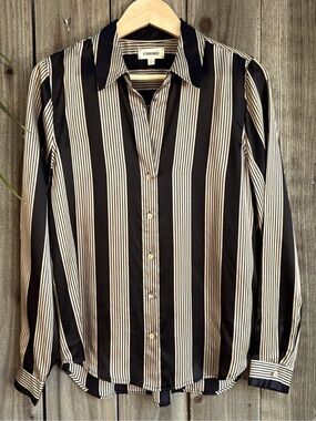 L'AGENCE Black and Cream Vertical Stripe Silk Button-Down Shirt